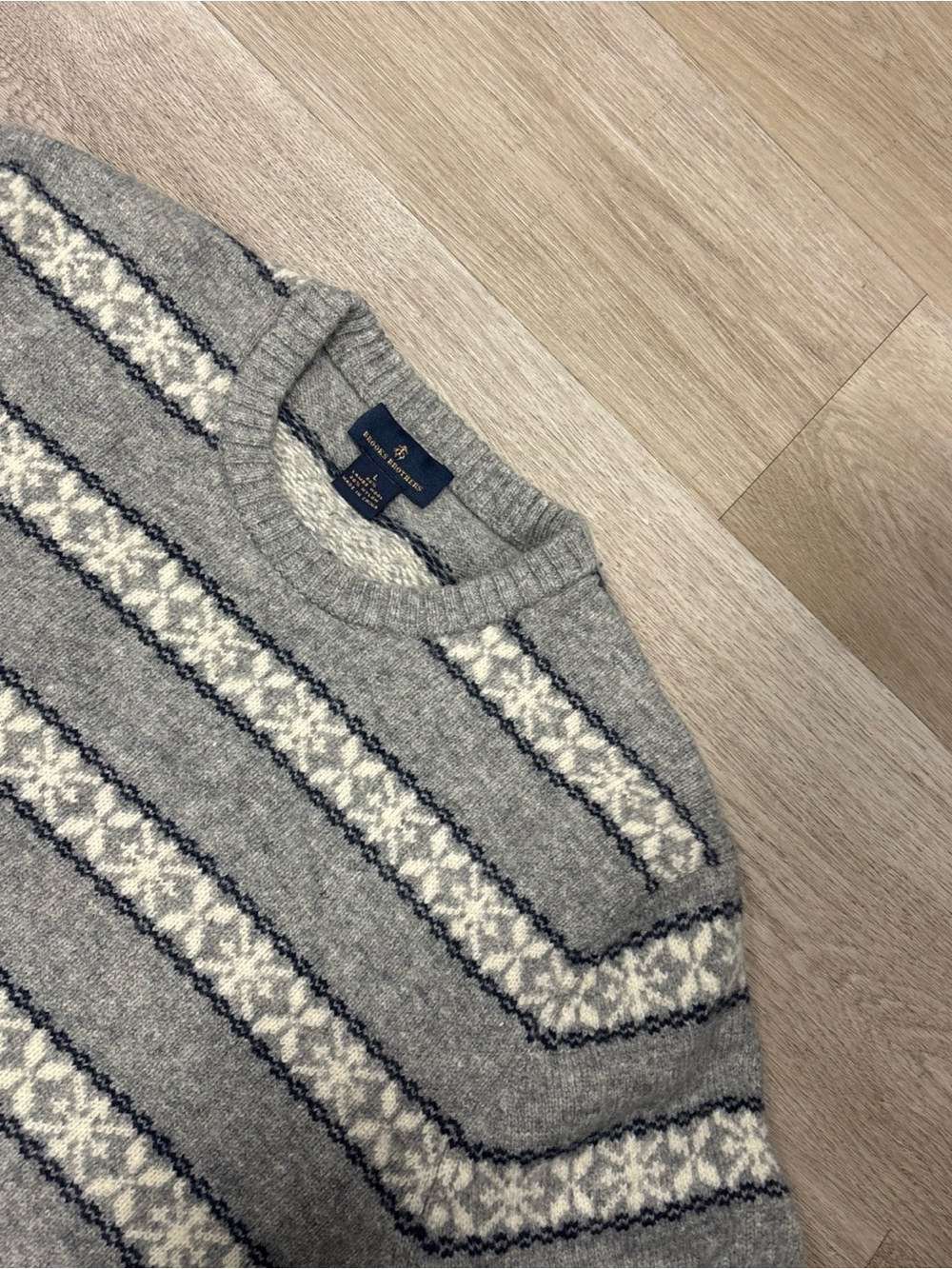 Brooks Brothers Sweater Mens L  Gray Fair Isle Crewneck Lambs Wool Blend